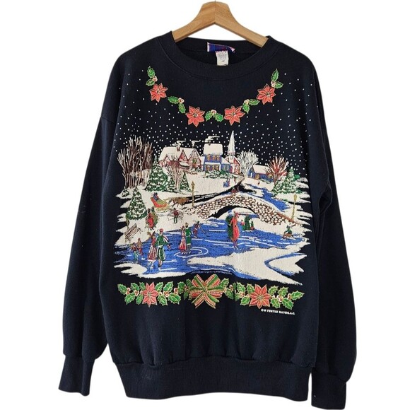Turtle Bay Vintage Black Puffy Paint Holiday Snow Village Christmas Sweater - Picture 1 of 7